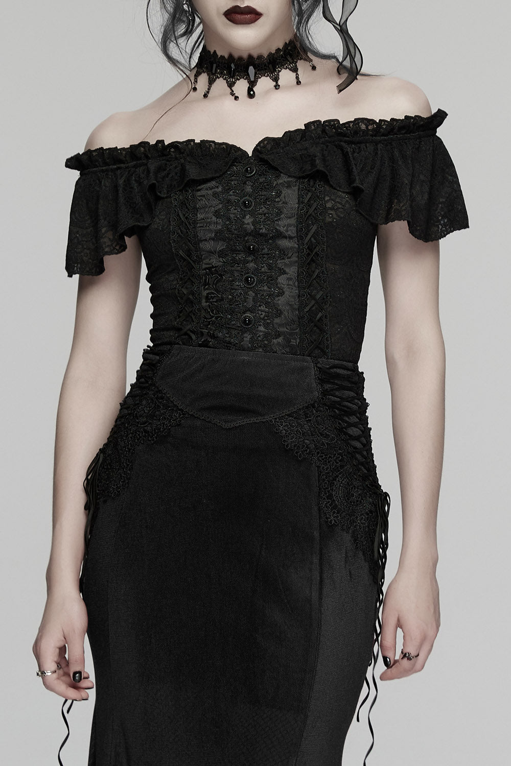 steampunk ruffled off the shoulder top