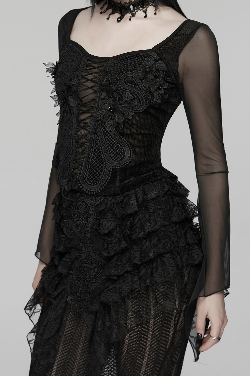 womens mesh sleeve gothic long sleeve lace top