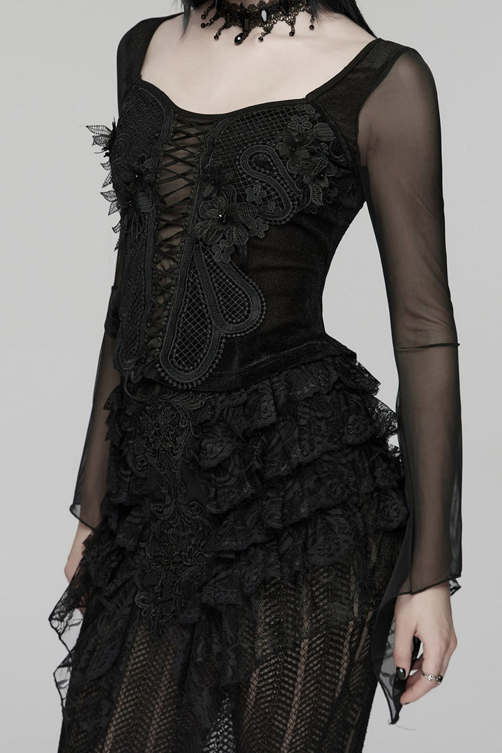 womens mesh sleeve gothic long sleeve lace top