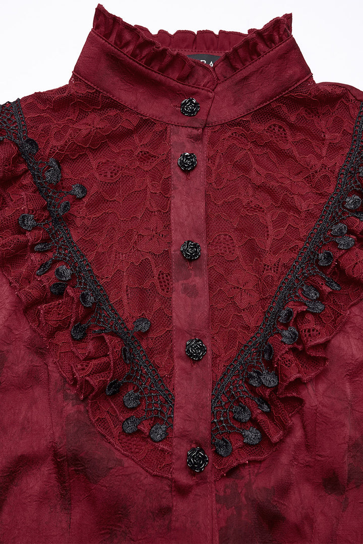 high collar rose button lace-up steampunk blouse
