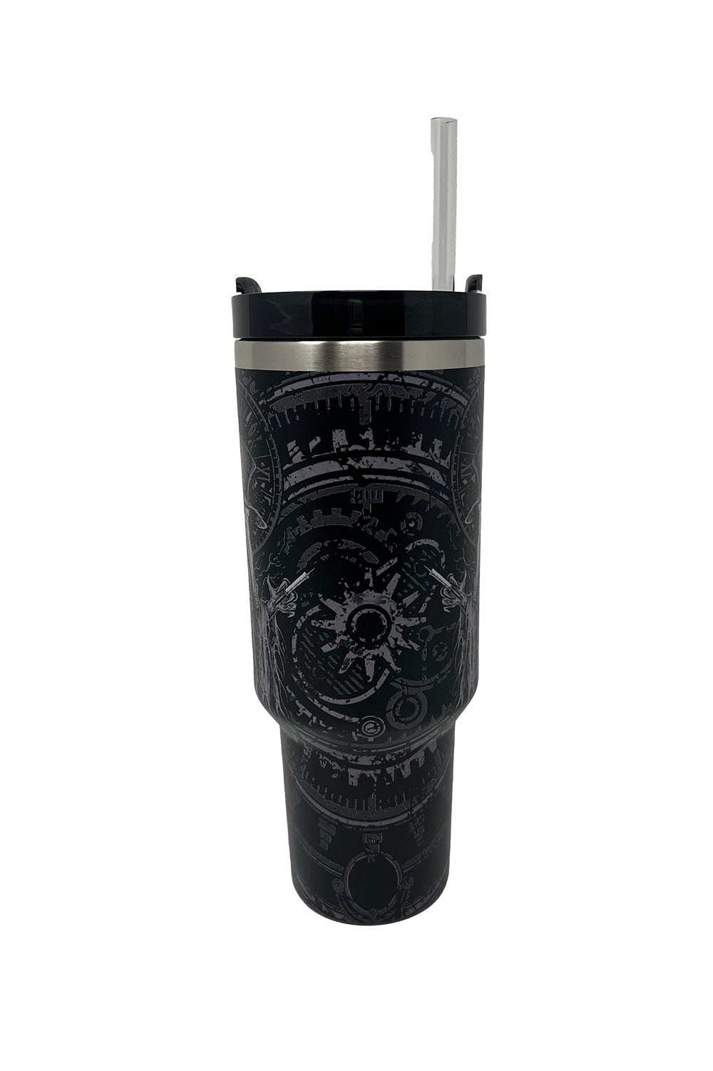Black tumbler with gear and plague doctor design and straw on a white background