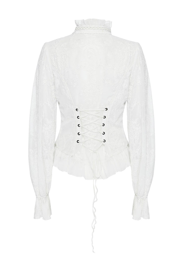 womens lace-up high collar ruffled hem blouse by punk rave