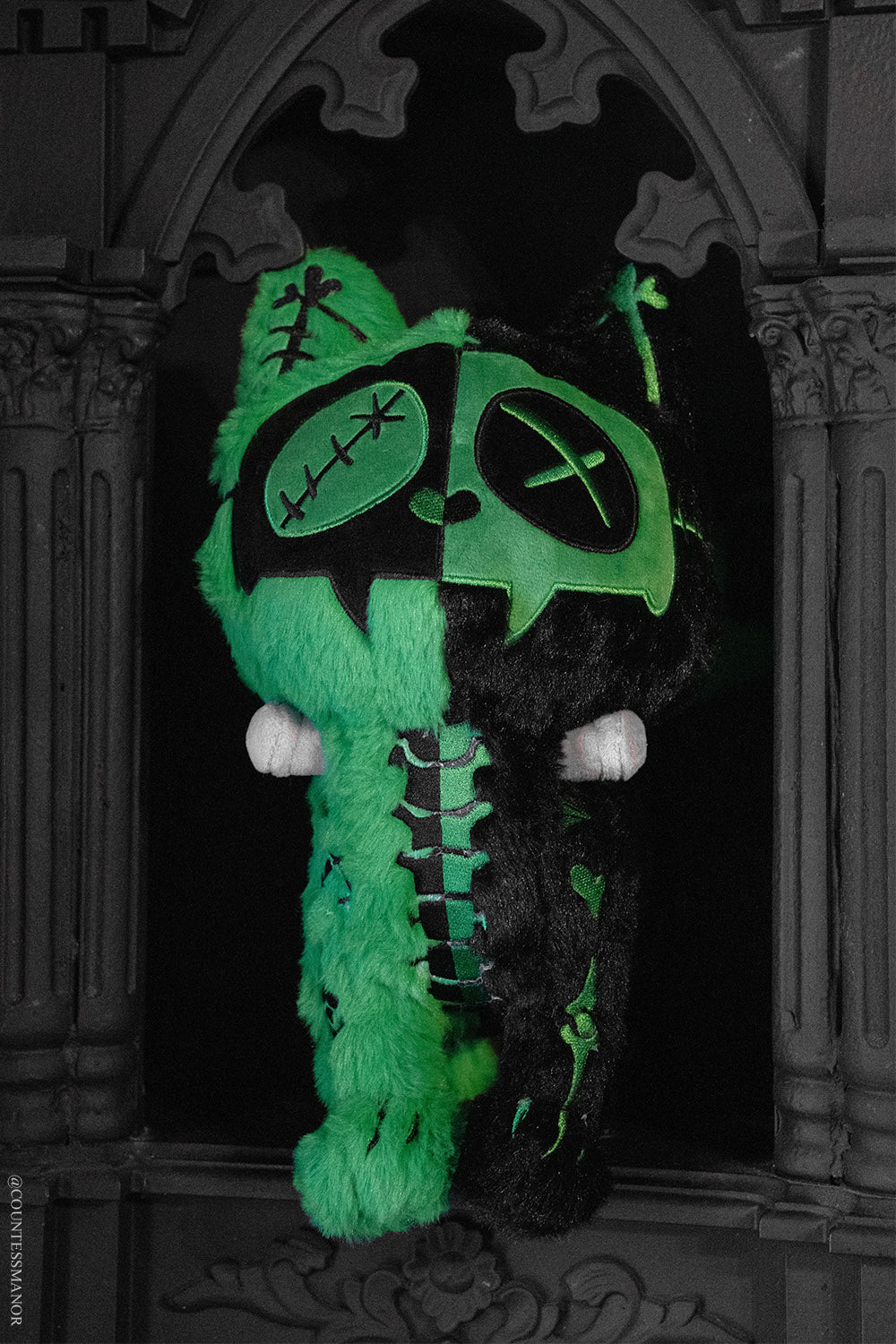 creepy cute green and black frankenstein cat parody plush toy