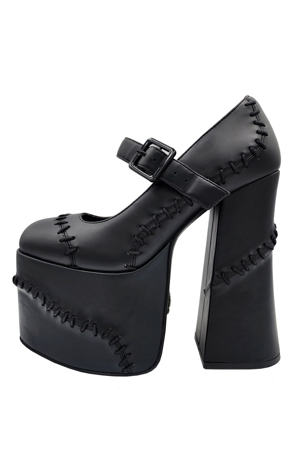 black vegan leather sticked doll heels