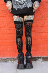 black mesh opaque no-roll down gothic cathedral womens sheer thigh high tights