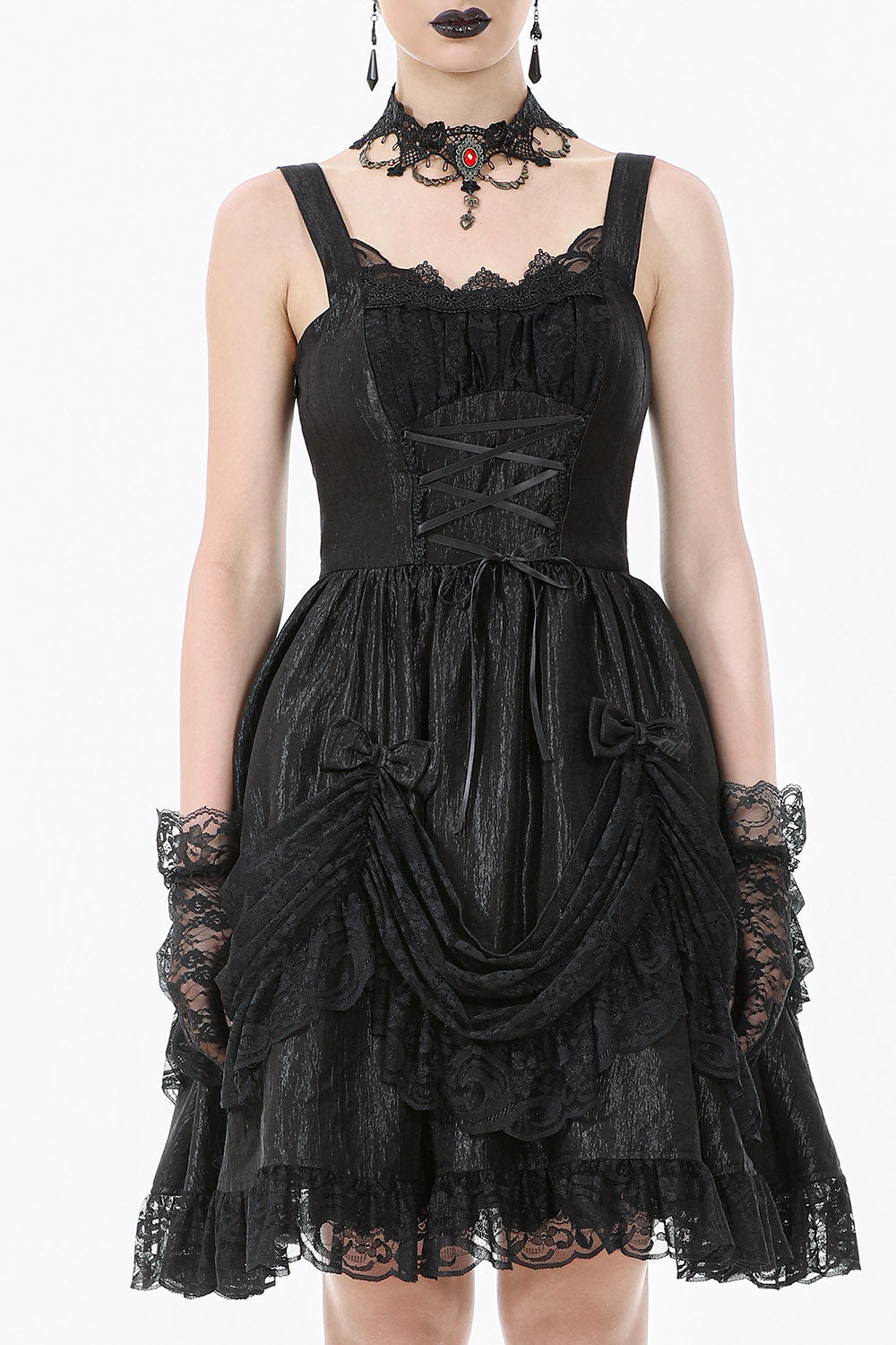 Black gothic dress with lace details on a white background