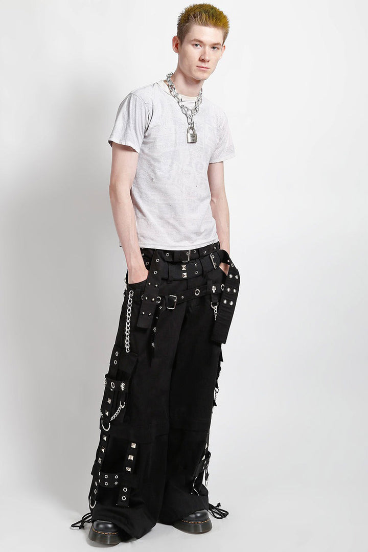 mens long baggy black cotton studded chain strap pants
