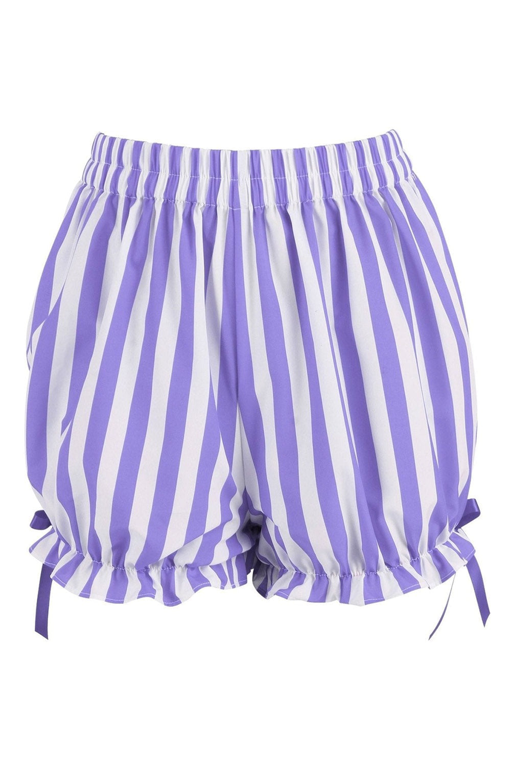 Purple and white striped bloomer shorts with ruffled edges on a white background