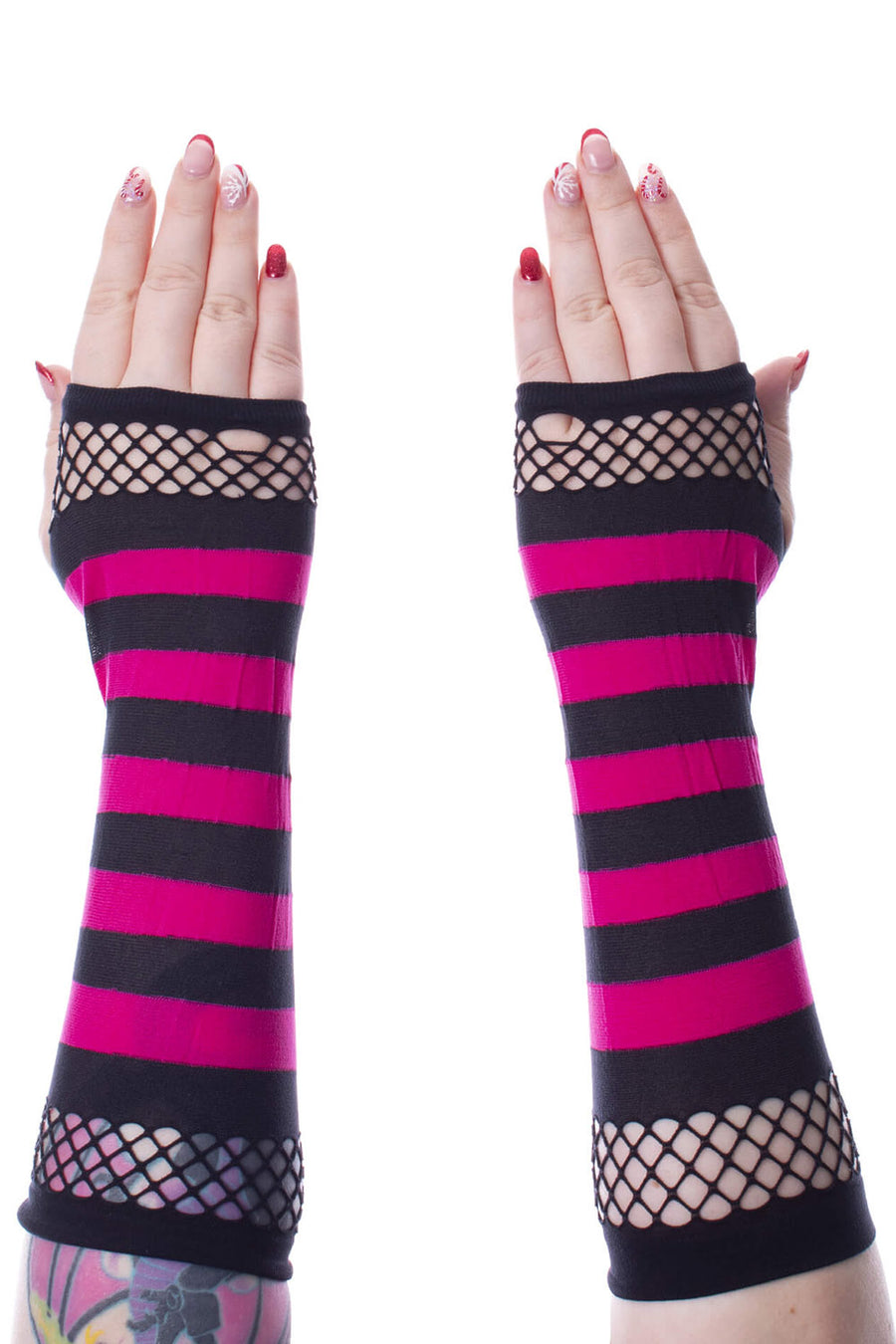 pink and black striped emo gloves