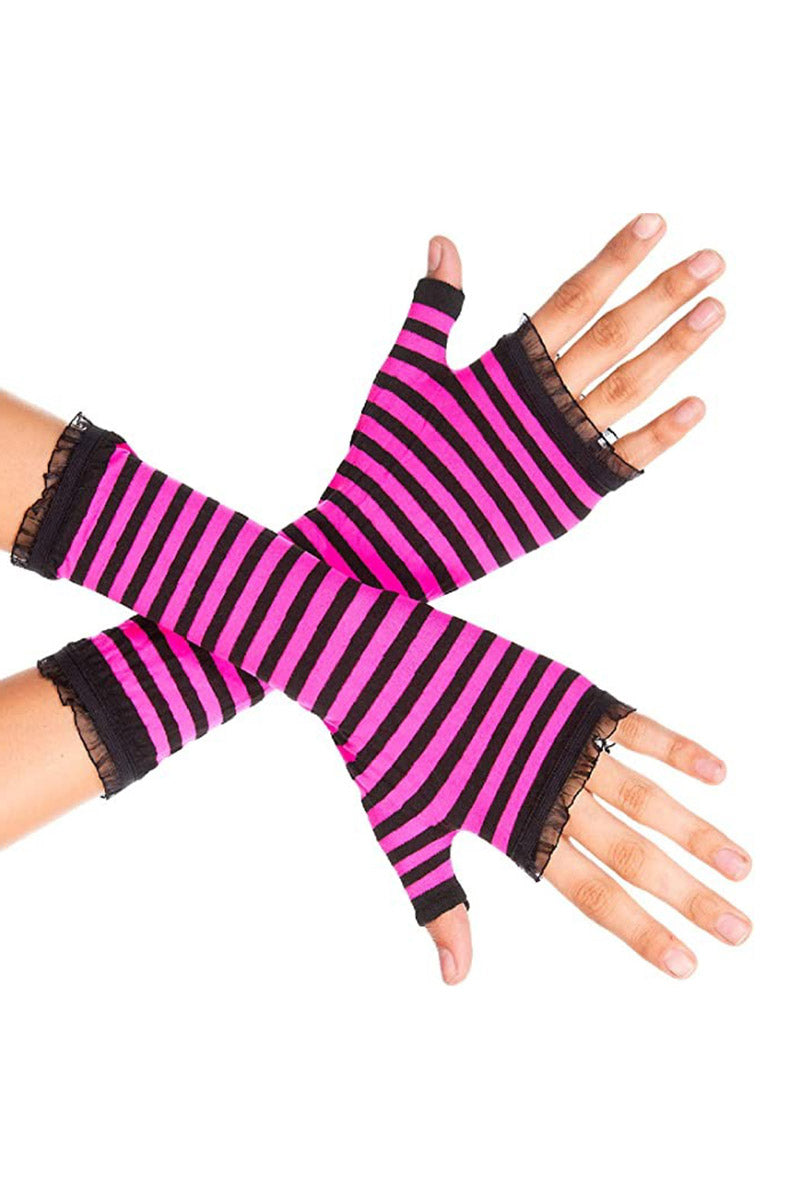 Ruffled Striped Gloves [BLACK/HOT PINK]