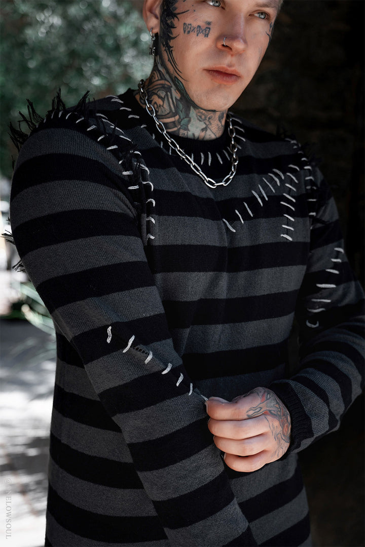 mens distressed sweater with exposed threads 