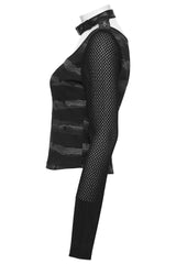 mall goth distressed grey and black stripe long sleeve fishnet top by punk rave