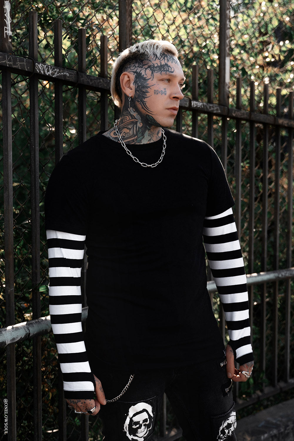 mens gothic long sleeve striped shirt with black short sleeve shirt on top
