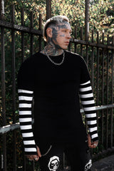 mens gothic long sleeve striped shirt with black short sleeve shirt on top