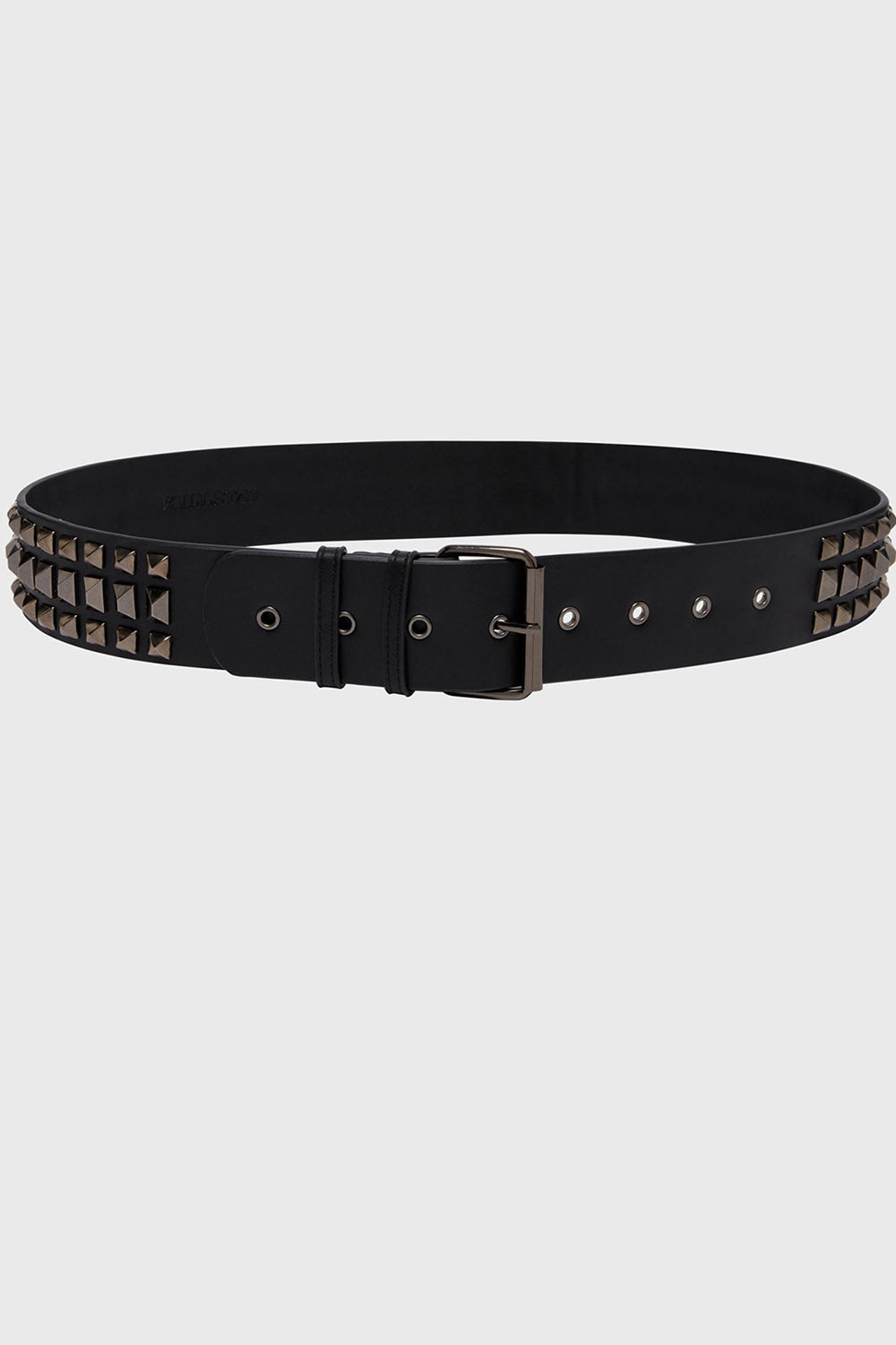 Black studded belt on a light gray background