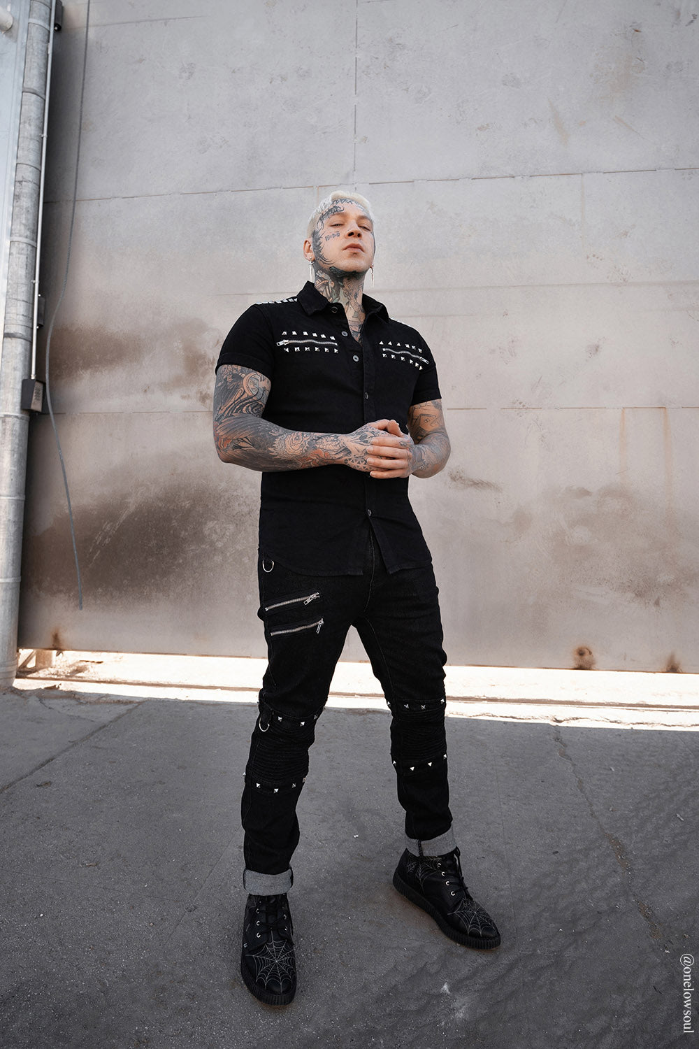 mens pyramid studded button-down shirt