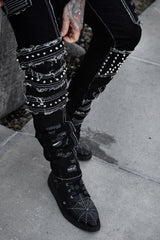 mens shredded punk studded straight-leg  patch jeans