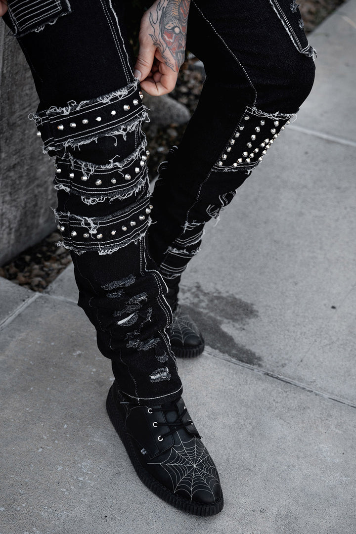 mens shredded punk studded straight-leg  patch jeans