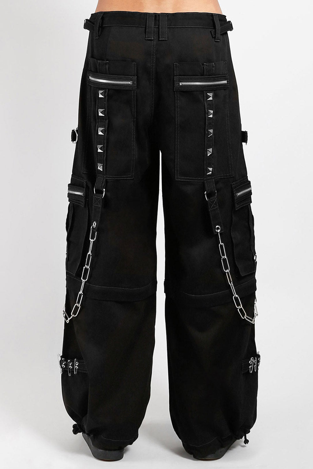 tripp nyc  studded black cotton baggy cargo pants with chain straps 