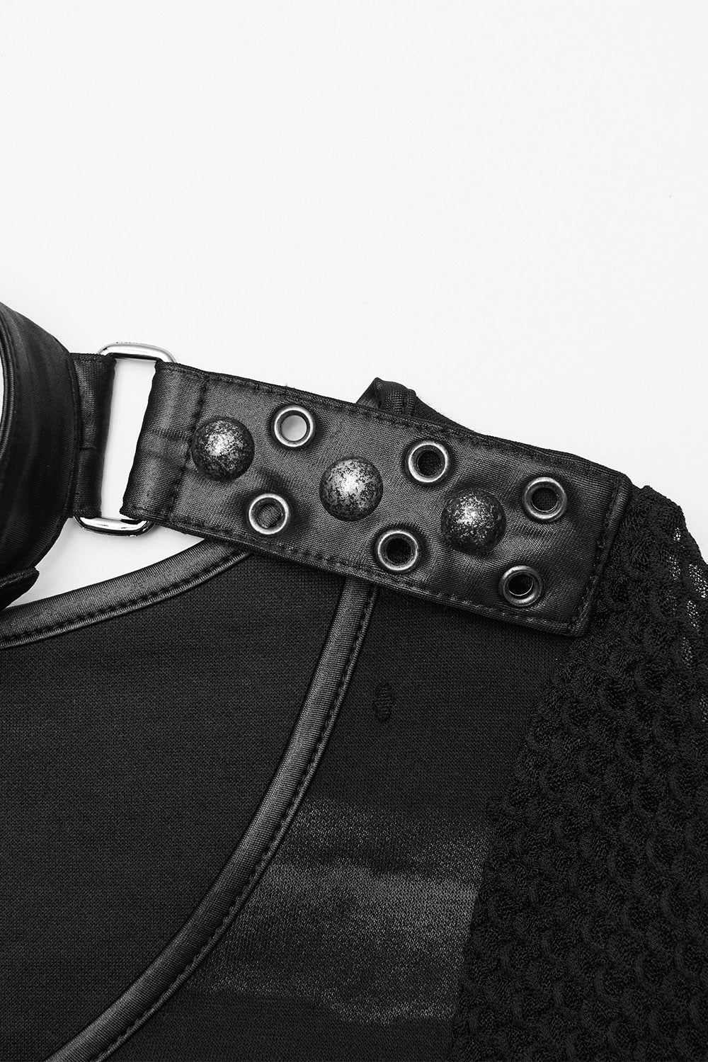 mall goth distressed grey and black stripe long sleeve fishnet top with studs