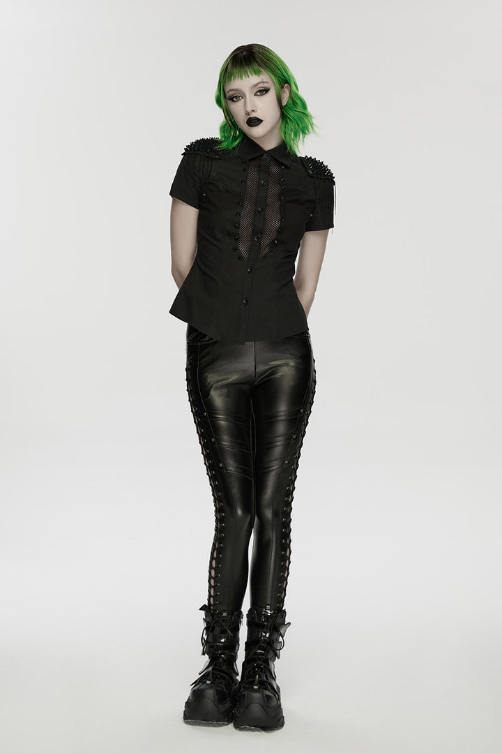 womens black goth studded fishnet short sleeve shirt