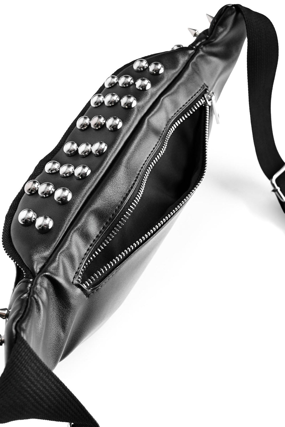 punk rock black vegan leather studded fanny pack bag with pockets