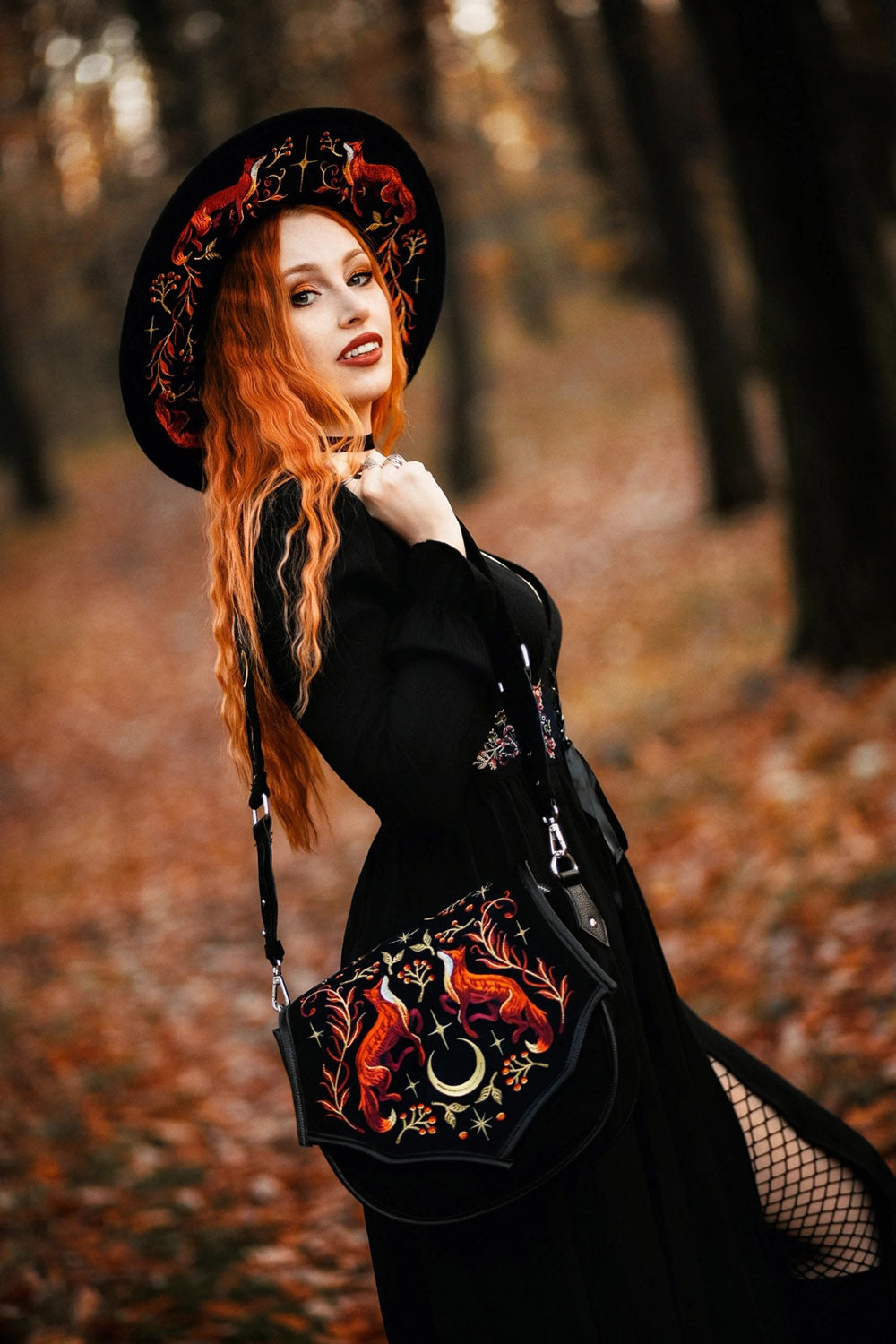 witchy shoulder bag with embroidered forest animal and moons by restyle