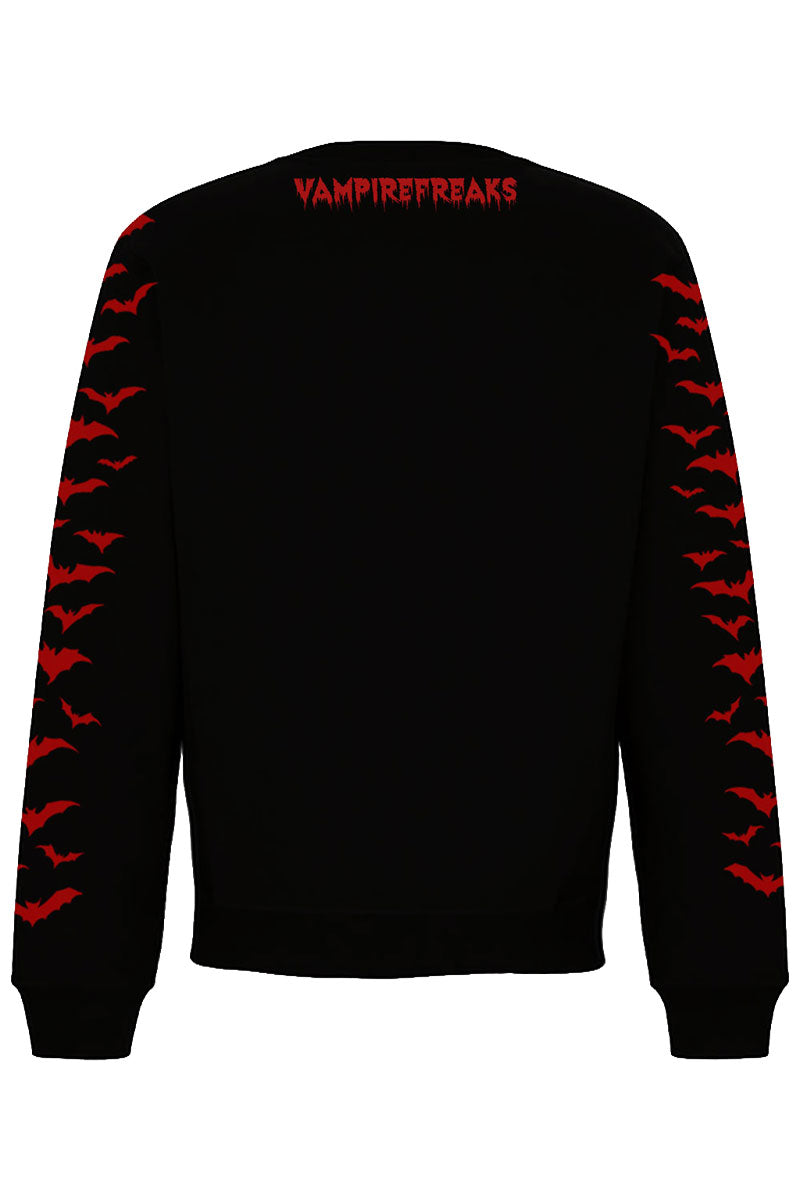 Black sweatshirt with red 'VAMPIREFREAKS' text on the back and red bats on sleeves against a white background