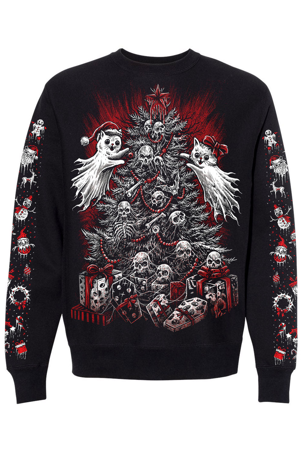 ghost cats decorating a creepy christmas tree sweater