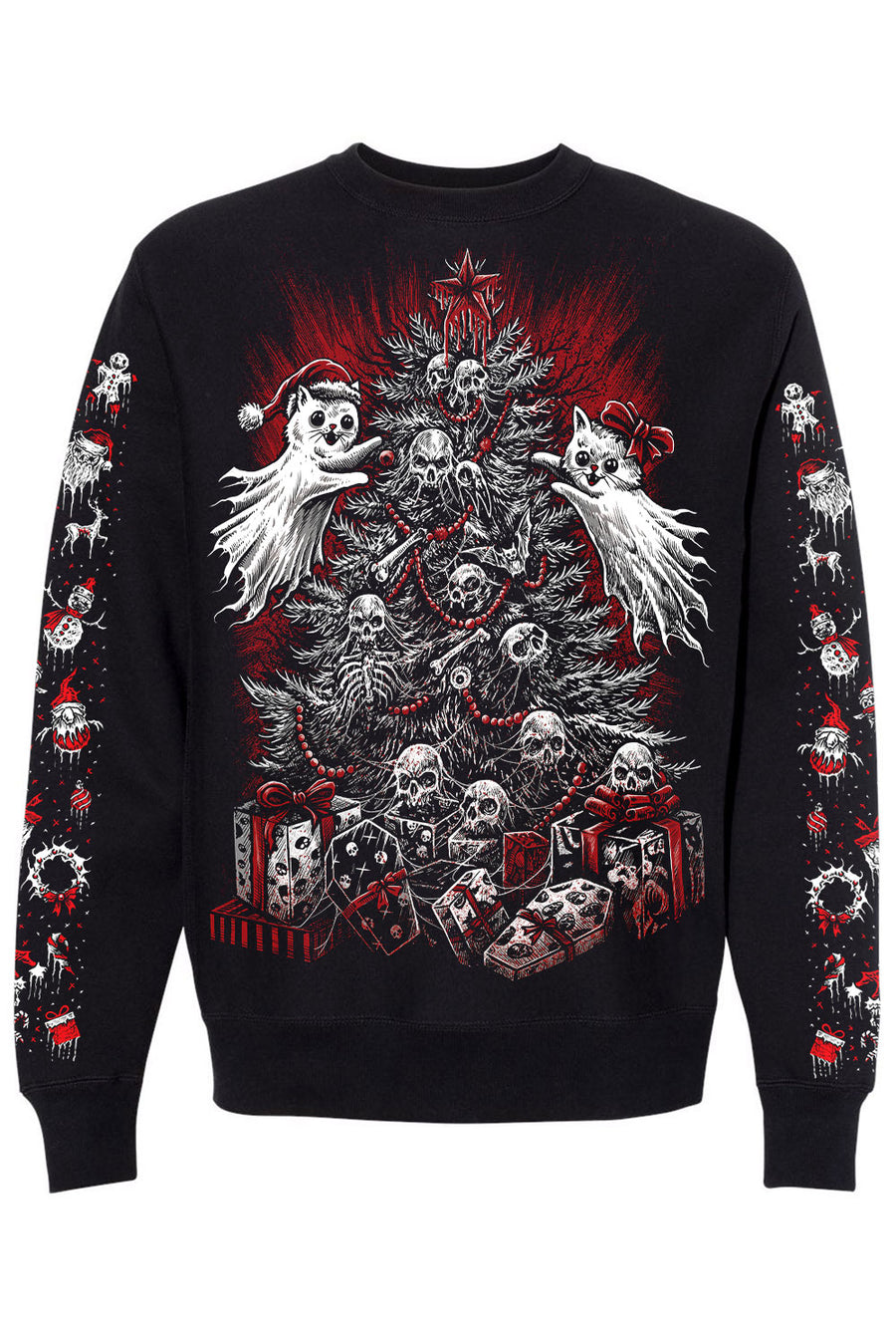 ghost cats decorating a creepy christmas tree sweater