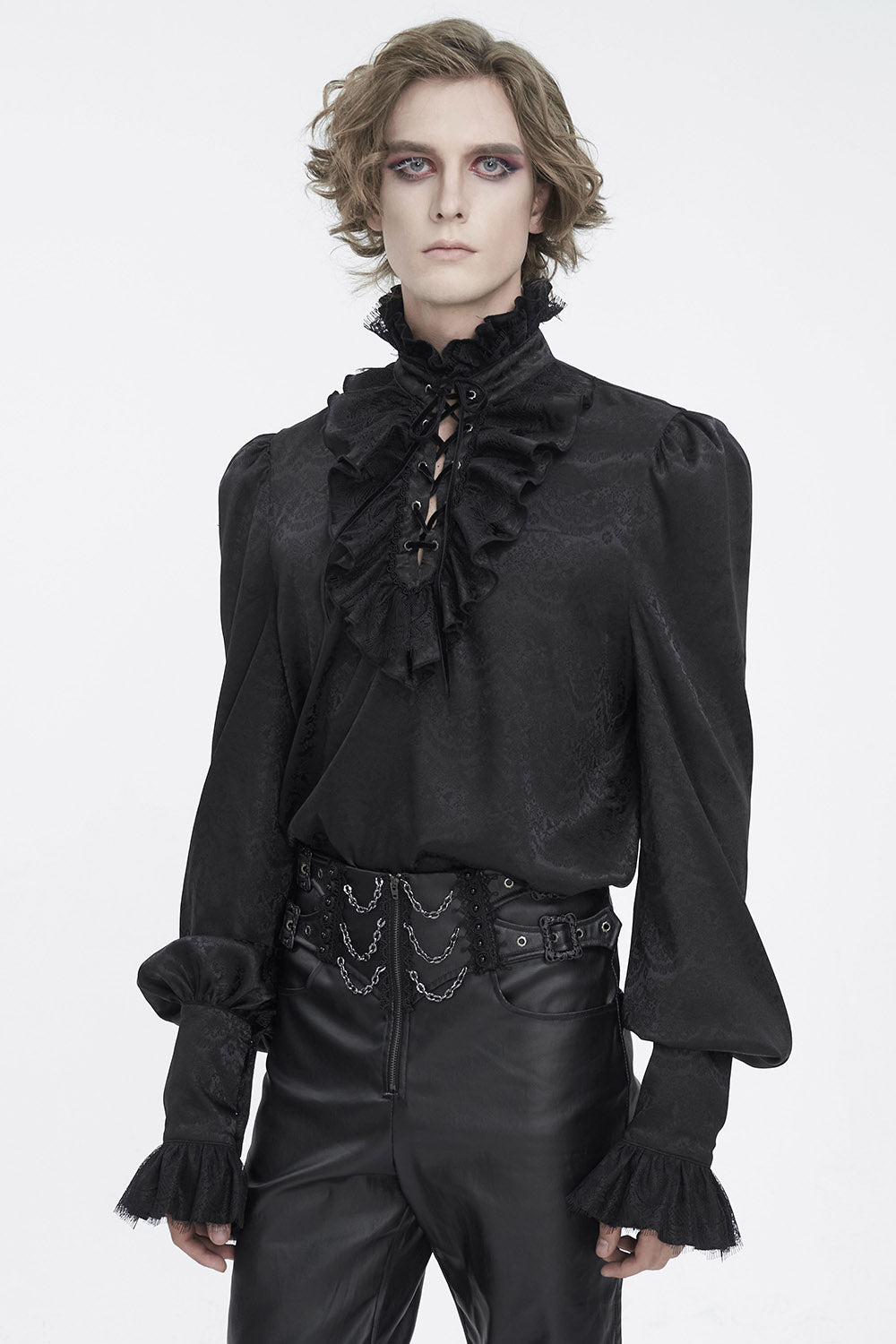 ruffled collar mens black long sleeve  victorian shirt