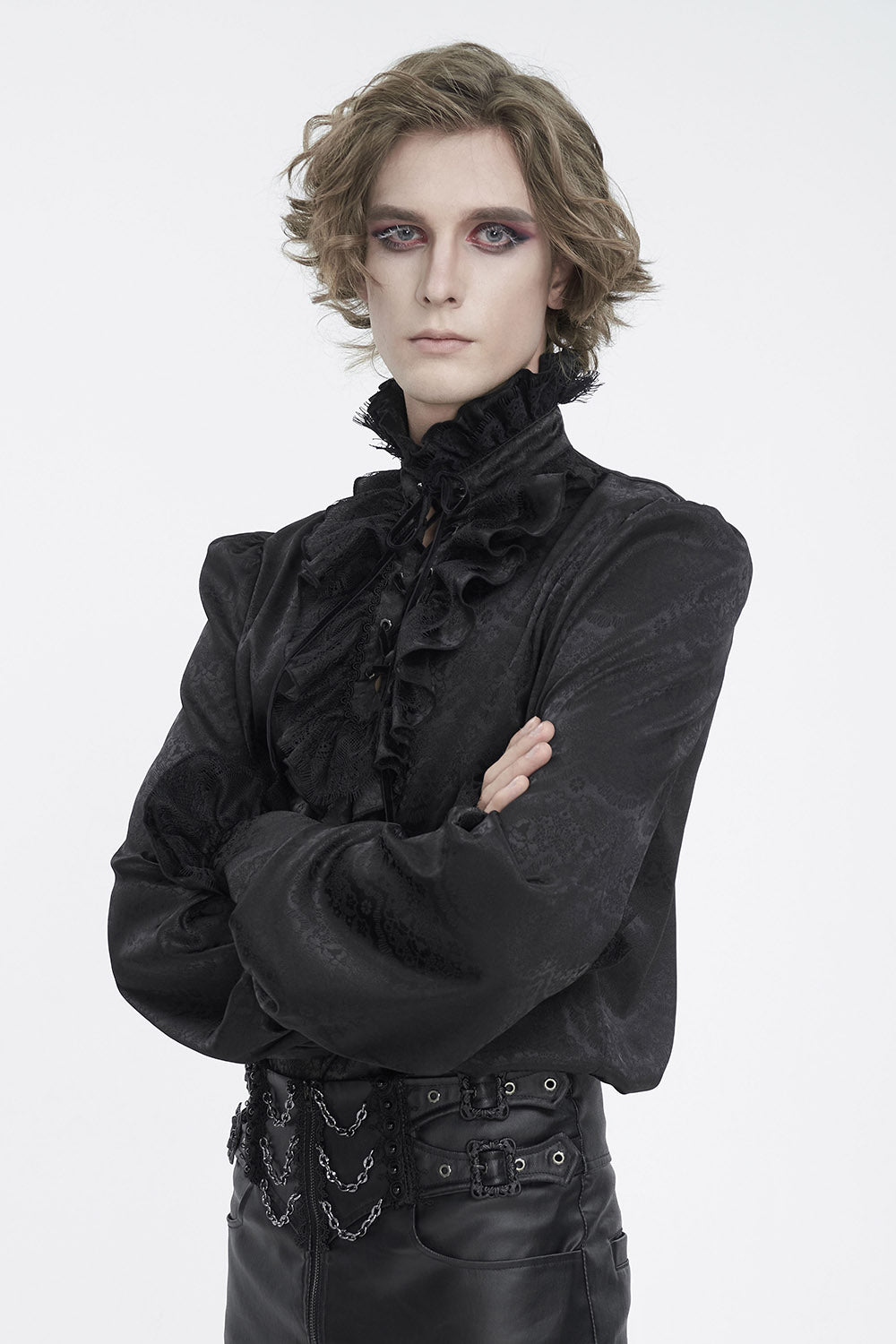 mens black long sleeve lace-up Jacquard top 