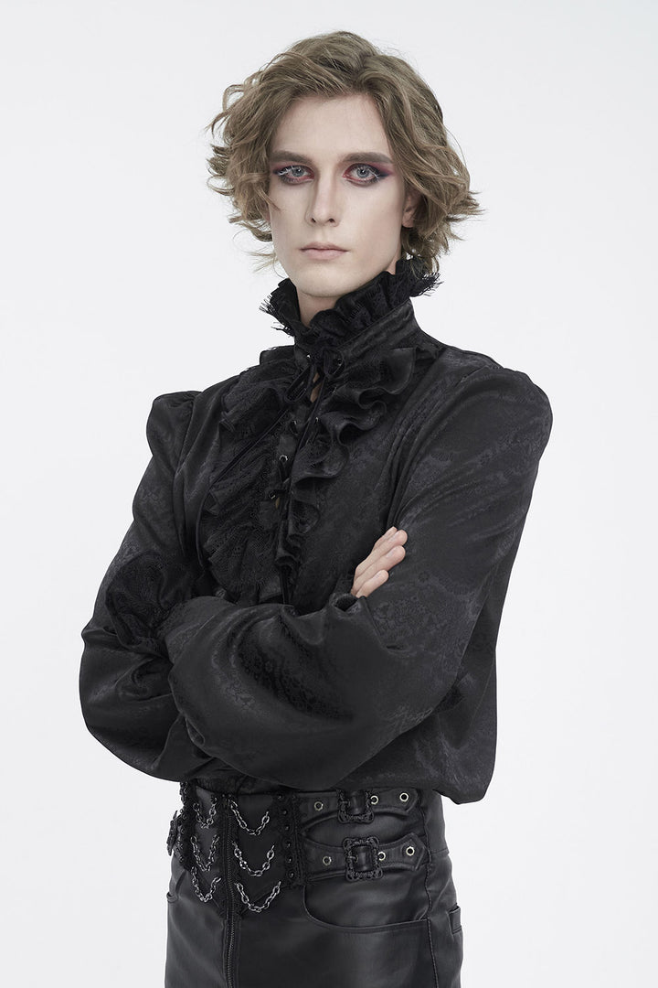 mens black long sleeve lace-up Jacquard top 