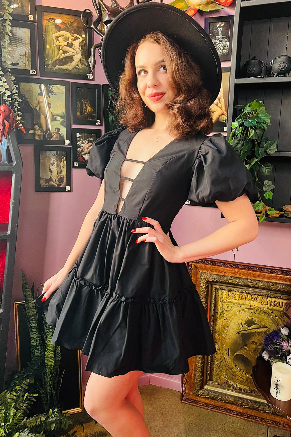 womens deep v-neck dress with puff sleeves