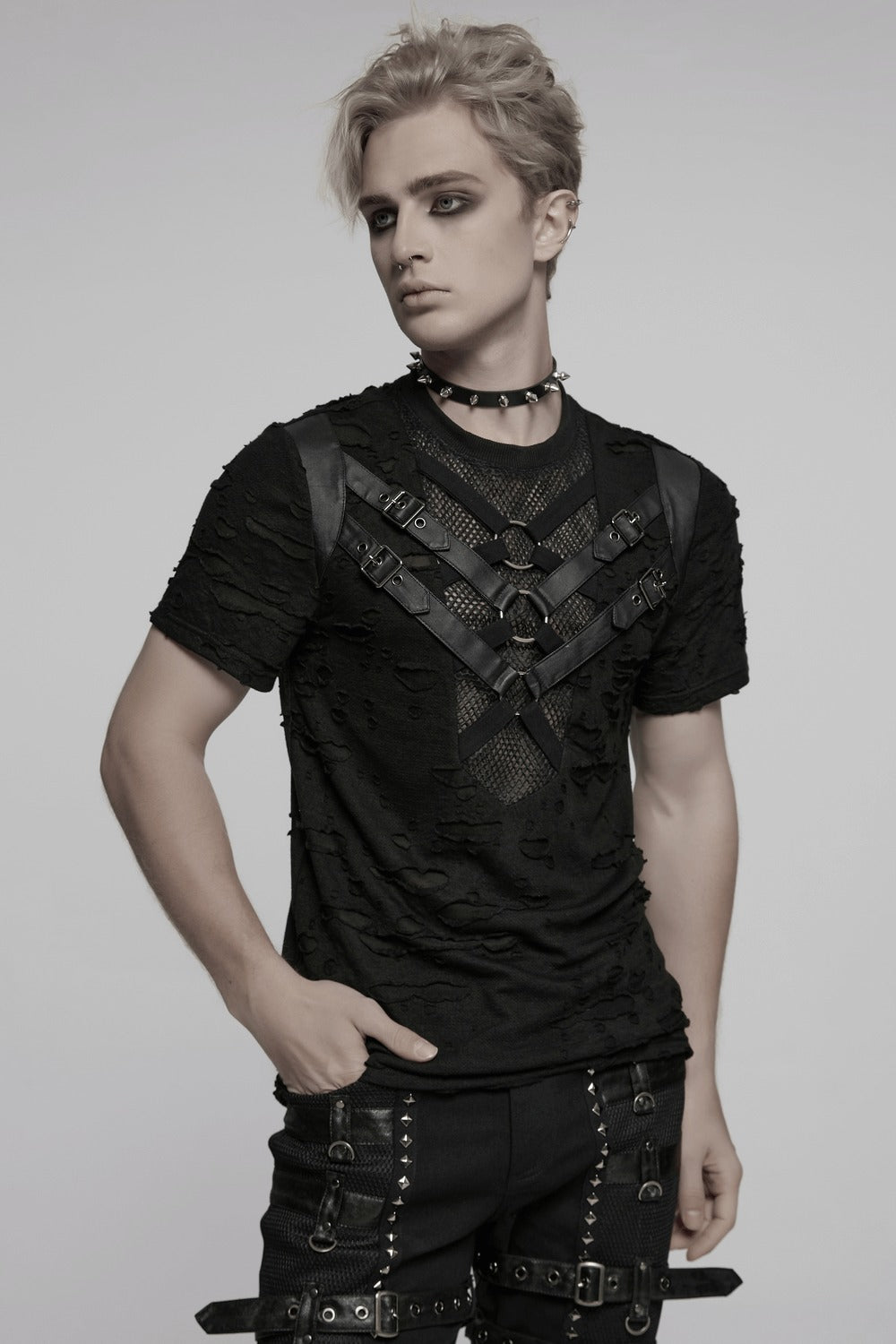 grunge goth mens short sleeve buckled strap tshirt