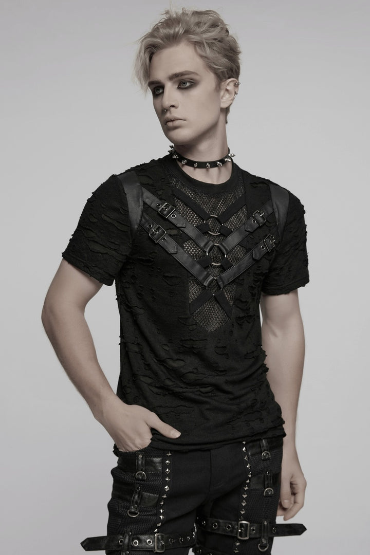 grunge goth mens short sleeve buckled strap tshirt