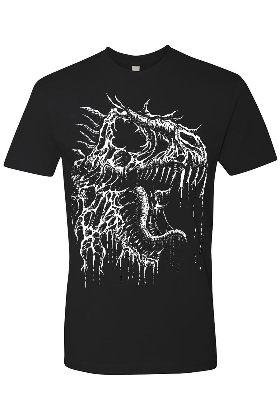 Black t-shirt with white dinosaur skeleton design on a white background