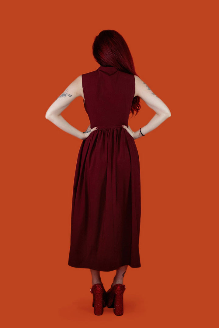 womens high-waisted button-up red sleeveless dress with pockets by lively ghosts 