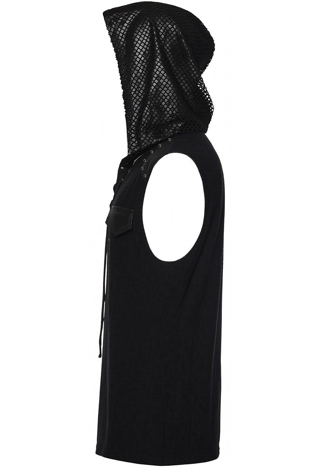 side view of hooded black vest for men