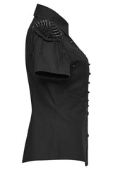 womens grunge goth studded fishnet short sleeve shirt with epaulets 