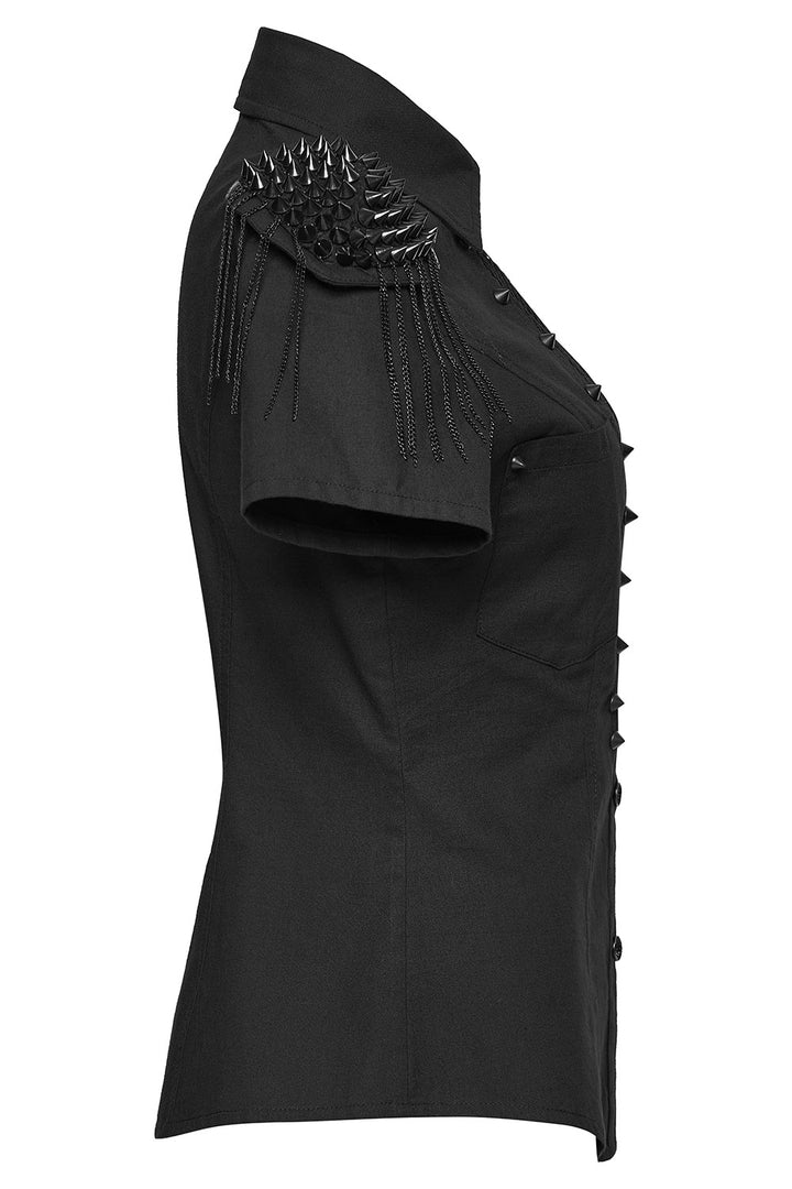 womens grunge goth studded fishnet short sleeve shirt with epaulets 