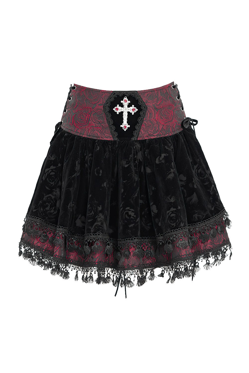 black and red velvet damask mini skirt