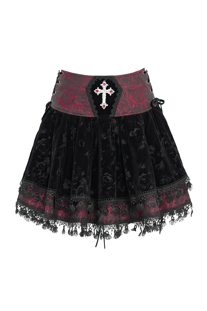 black and red velvet damask mini skirt