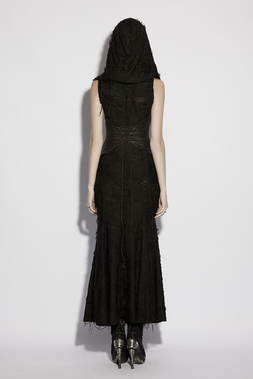 womens long black maxi length bodycon distressed apocalyptic dress