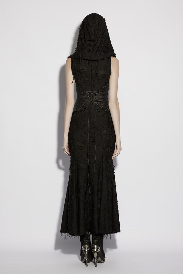 womens long black maxi length bodycon distressed apocalyptic dress