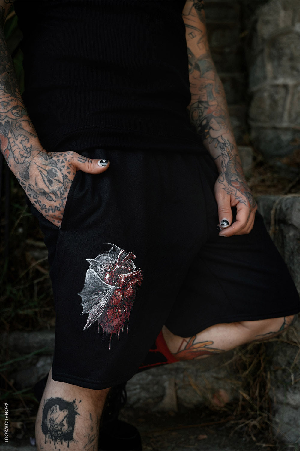 mens cotton long shorts with printed anatomical heart and bat by vampirefreaks 