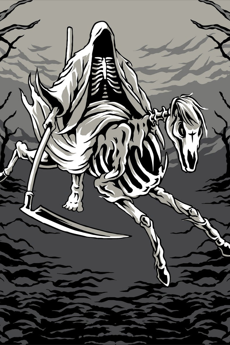 knitted halloween socks with grim reaper scythe graphic 