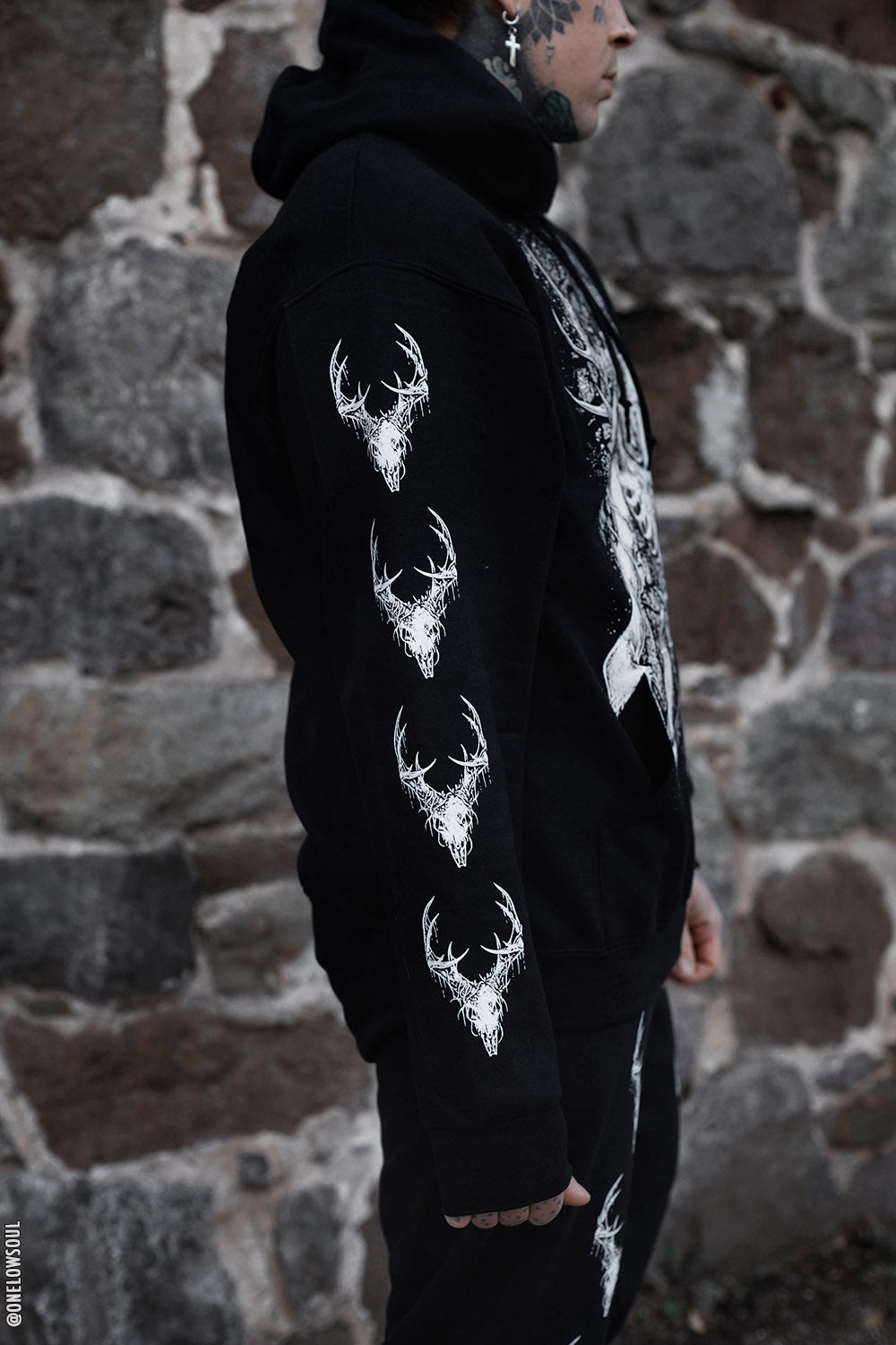 black and white gothic hoodie with deer skull sleeves