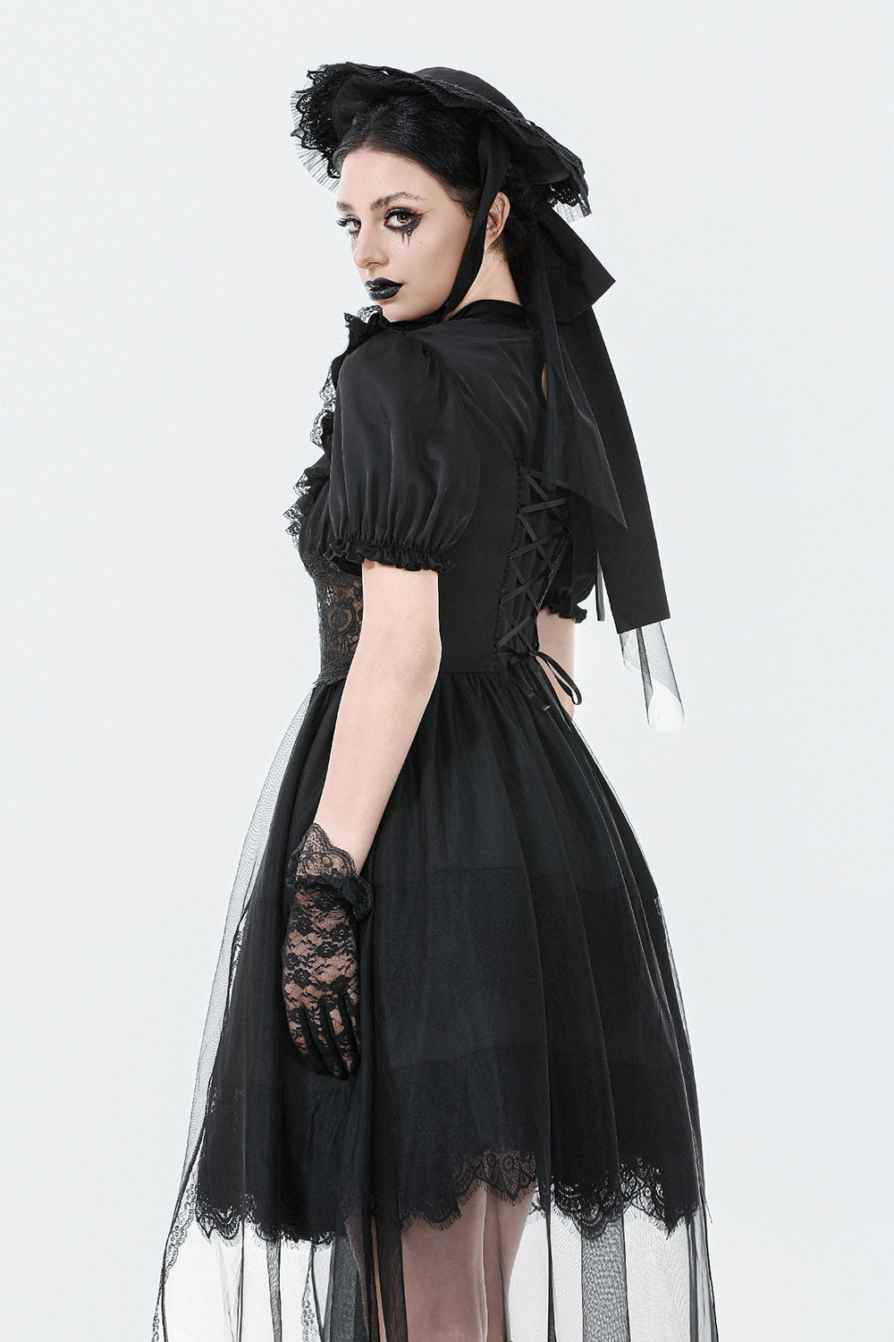 puff sleeve lace-up dress