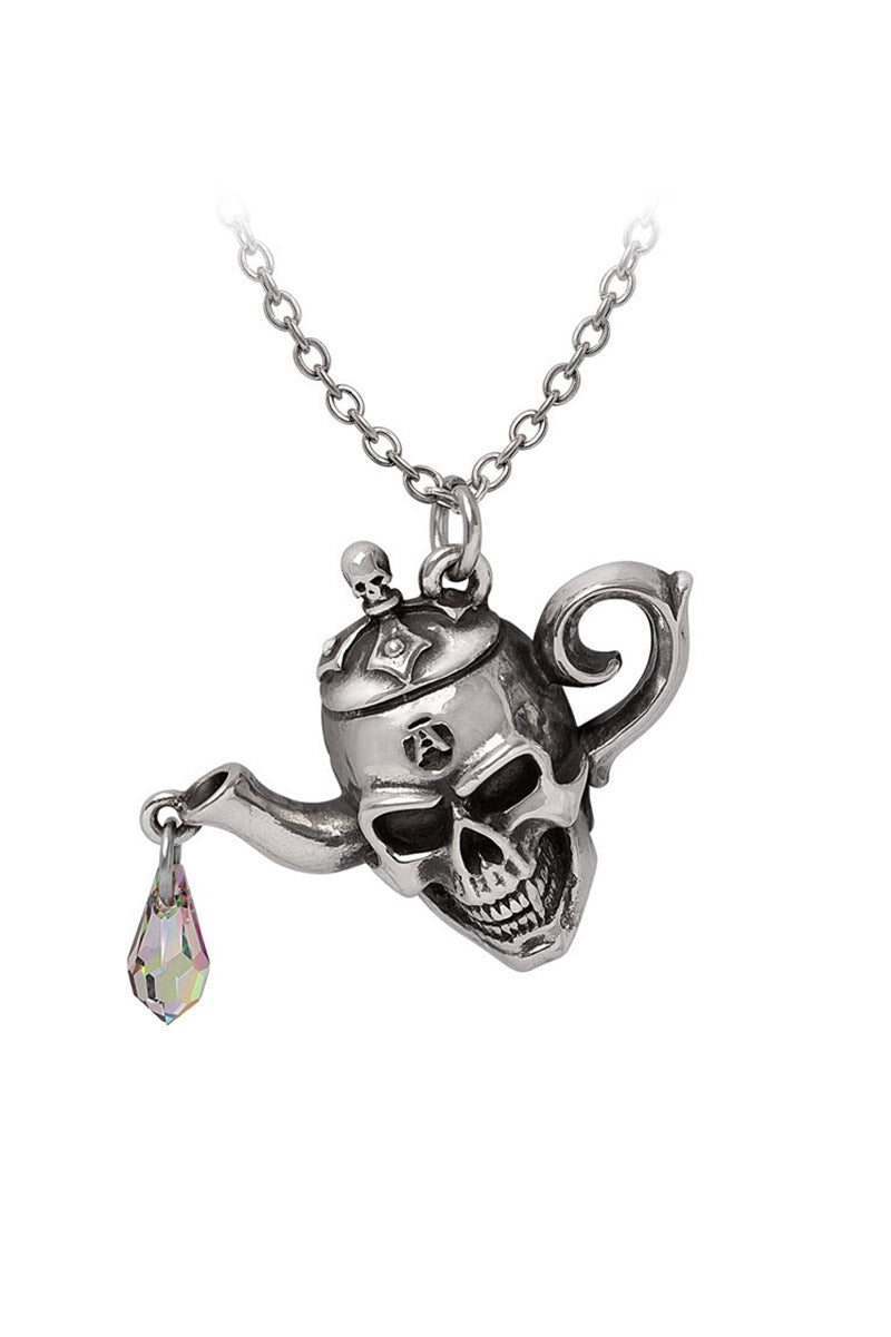 silver teapot with skull design necklace